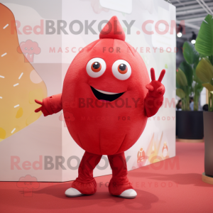 Red Mango mascot costume character dressed with a Bodysuit and Foot pads