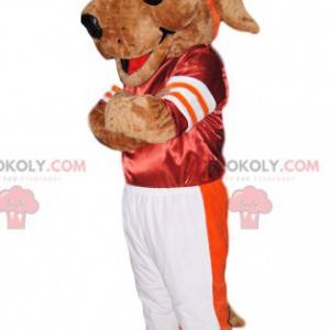 Mascotte de chien en tenue de sport rouge et blanche -