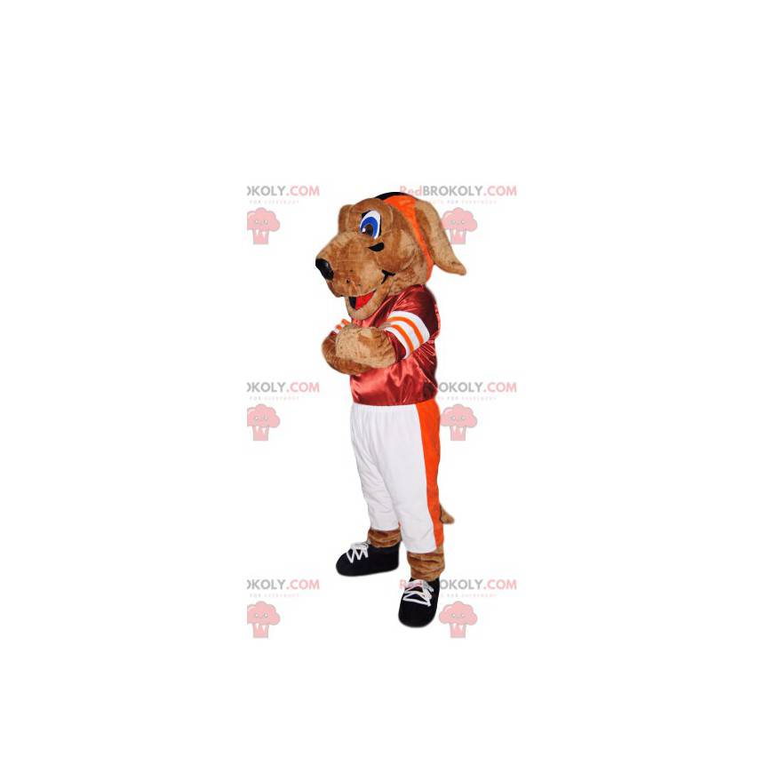 Mascotte de chien en tenue de sport rouge et blanche -