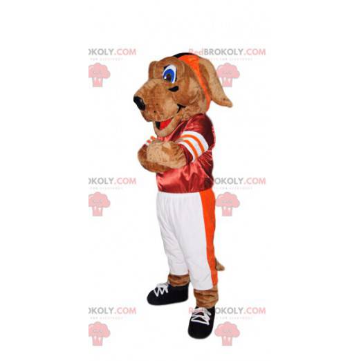 Mascotte del cane in abbigliamento sportivo rosso e bianco -