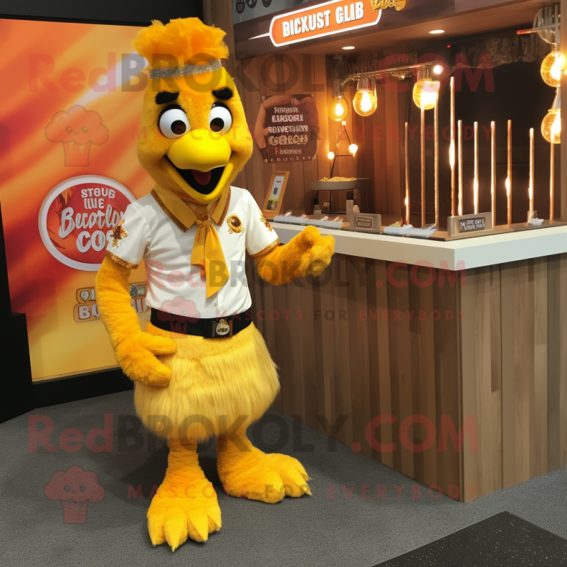 Gold Butter Chicken mascot costume character dressed with a Shorts and Lapel pins Gold Butter Chicken mascot costume character dressed with a Shorts and Lapel pins