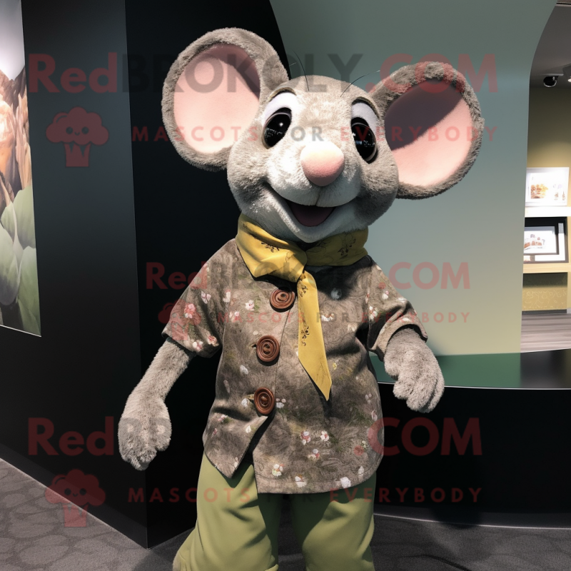 Olive Mouse mascot costume character dressed with a Rash Guard and Shawl pins