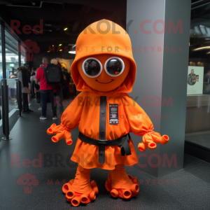 Orange Kraken mascot costume character dressed with a Parka and Bracelet watches