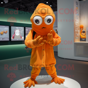 Orange Kraken mascot costume character dressed with a Parka and Bracelet watches