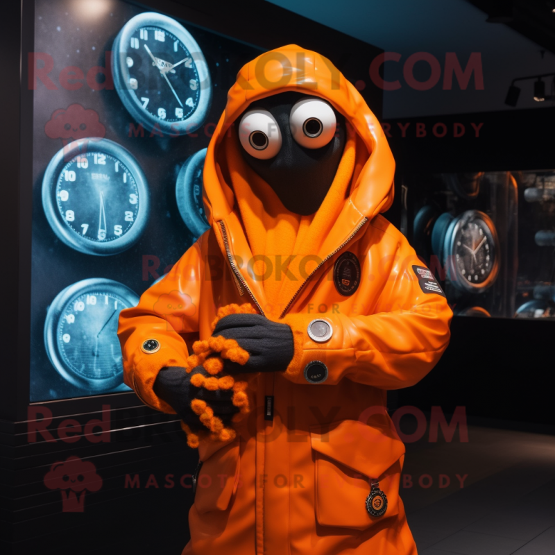 Orange Kraken mascot costume character dressed with a Parka and Bracelet watches