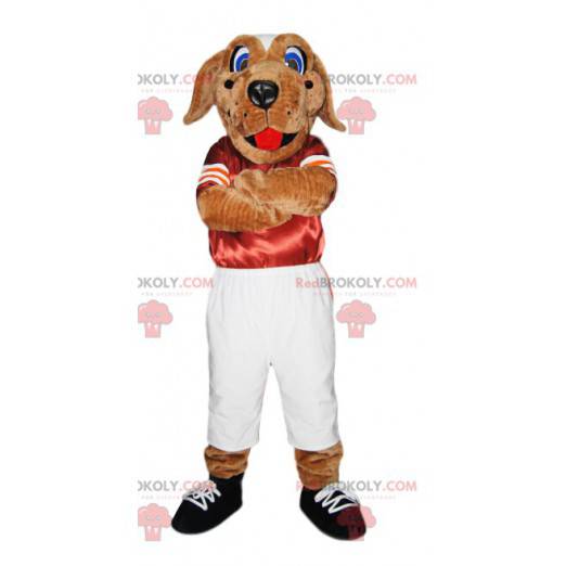 Mascota del perro en ropa deportiva roja y blanca. -