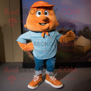 Orange Shepard'S Pie mascot costume character dressed with a Chambray Shirt and Shoe laces