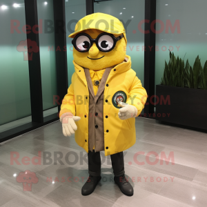 Yellow Pizza Slice mascot costume character dressed with a Jacket and Eyeglasses