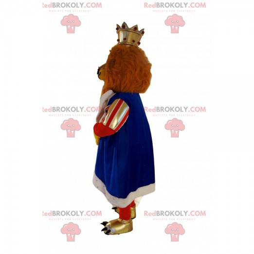 Mascote do leão marrom vestido como um rei. Fantasia de leão -
