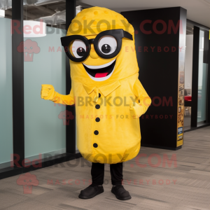 Yellow Pizza Slice mascot costume character dressed with a Jacket and Eyeglasses