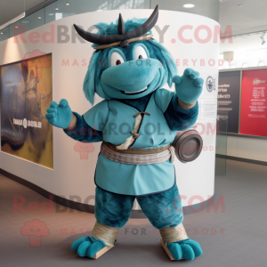 Teal Samurai mascot costume character dressed with a Jeans and Rings