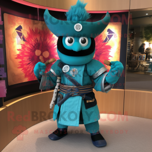 Teal Samurai mascot costume character dressed with a Jeans and Rings