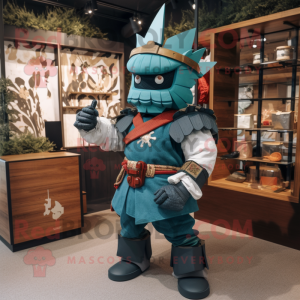 Teal Samurai mascot costume character dressed with a Jeans and Rings