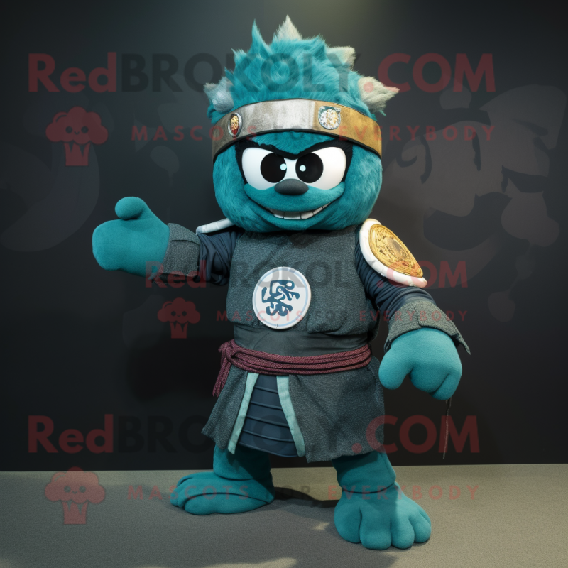 Teal Samurai mascot costume character dressed with a Jeans and Rings