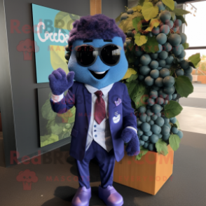 Blue Grape mascot costume character dressed with a Suit Jacket and Scarf clips