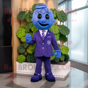 Blue Grape mascot costume character dressed with a Suit Jacket and Scarf clips