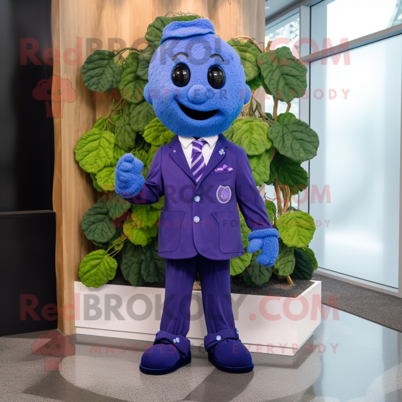 Blue Grape mascot costume character dressed with a Suit Jacket and Scarf clips Blue Grape mascot costume character dressed with a Suit Jacket and Scarf clips