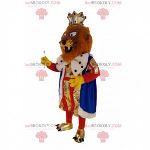 Mascota del león marrón vestida como un rey. Disfraz de leon -