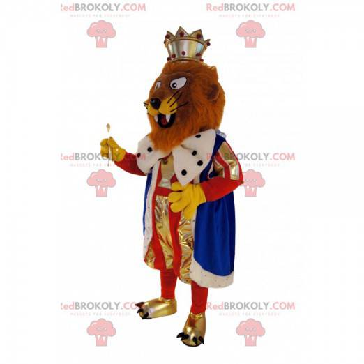 Brun lejonmaskot klädd som en kung. Lejondräkt - Redbrokoly.com