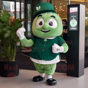 Forest Green Croissant mascot costume character dressed with a Wrap Skirt and Smartwatches