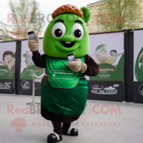 Forest Green Croissant mascot costume character dressed with a Wrap Skirt and Smartwatches