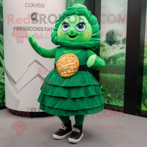 Forest Green Croissant mascot costume character dressed with a Wrap Skirt and Smartwatches