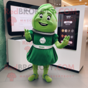 Forest Green Croissant mascot costume character dressed with a Wrap Skirt and Smartwatches