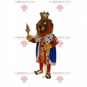 Braunes Löwenmaskottchen als König verkleidet. Löwenkostüm -