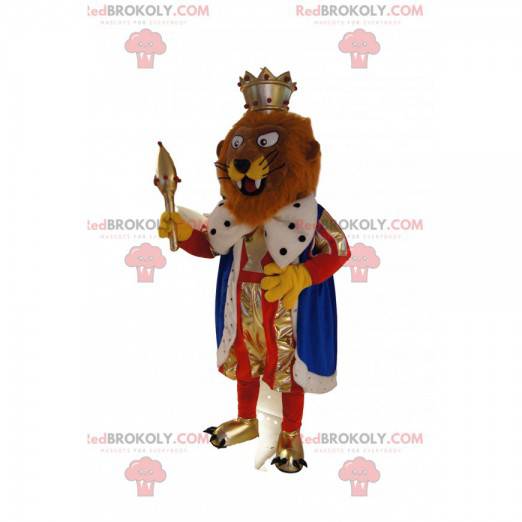 Brown lion mascot dressed as a King. Lion costume -