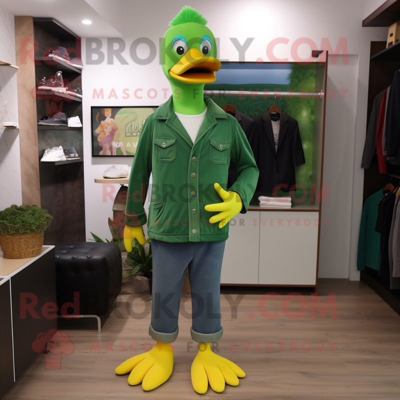 Green Geese mascot costume character dressed with a Bootcut Jeans and Tie pins