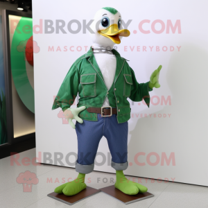 Green Geese mascot costume character dressed with a Bootcut Jeans and Tie pins