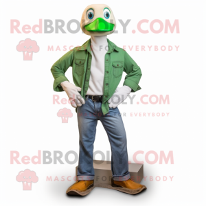 Green Geese mascot costume character dressed with a Bootcut Jeans and Tie pins