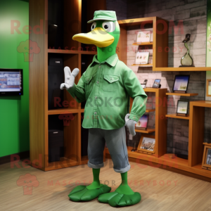 Green Geese mascot costume character dressed with a Bootcut Jeans and Tie pins