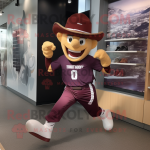 Maroon Cowboy mascot costume character dressed with a Running Shorts and Headbands