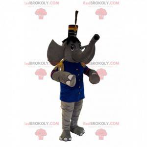 Szara maskotka słoń w stroju orkiestry marszowej z kapeluszem -