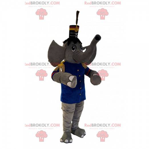 Gray elephant mascot in marching band outfit, with a hat -