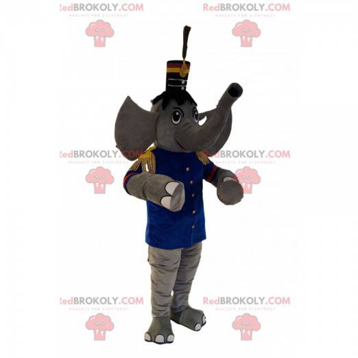 Grijze olifant mascotte in fanfare-outfit, met een hoed -