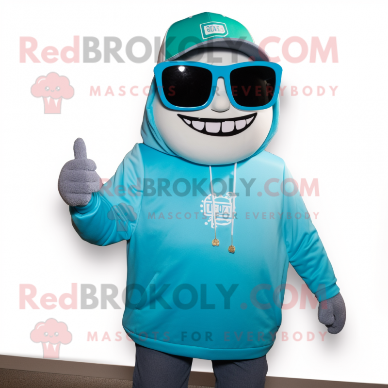 Cyan Enchiladas mascot costume character dressed with a Sweatshirt and Sunglasses Cyan Enchiladas mascot costume character dressed with a Sweatshirt and Sunglasses