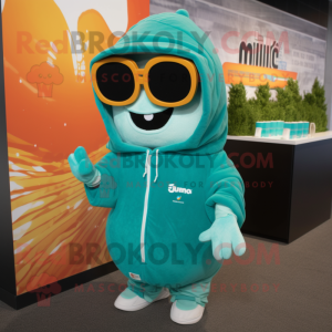 Cyan Enchiladas mascot costume character dressed with a Sweatshirt and Sunglasses