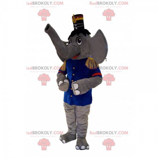 Graues Elefantenmaskottchen im Blaskapellen-Outfit, mit Hut -