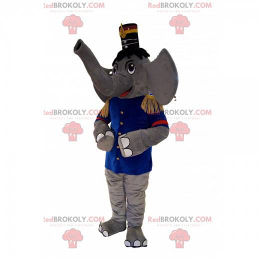 Grijze olifant mascotte in fanfare-outfit, met een hoed -