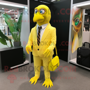 Lemon Yellow Parrot mascot costume character dressed with a Suit Jacket and Messenger bags