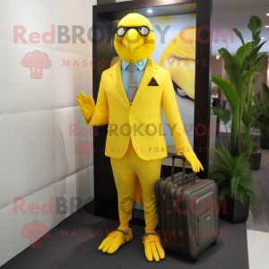 Lemon Yellow Parrot mascot costume character dressed with a Suit Jacket and Messenger bags