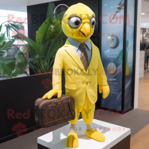 Lemon Yellow Parrot mascot costume character dressed with a Suit Jacket and Messenger bags