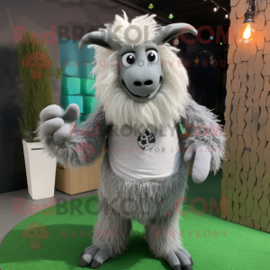 Gray Angora Goat mascot costume character dressed with a Rash Guard and Hairpins