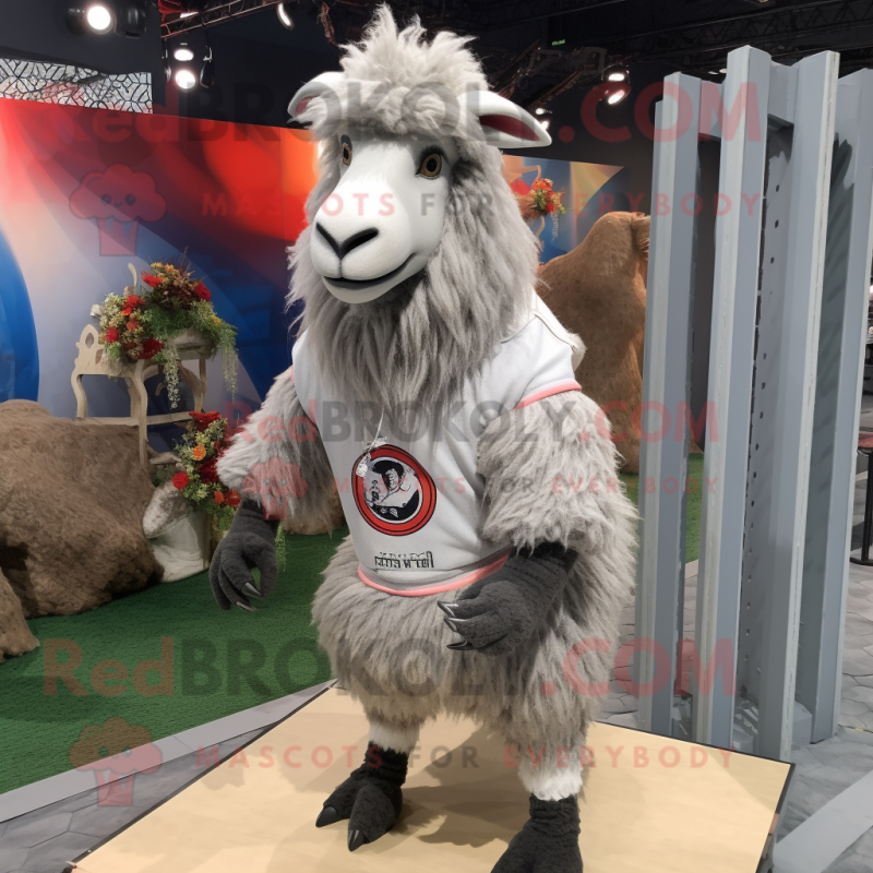 Gray Angora Goat mascot costume character dressed with a Rash Guard and Hairpins