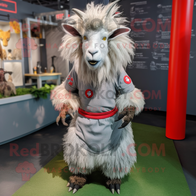 Gray Angora Goat mascot costume character dressed with a Rash Guard and Hairpins