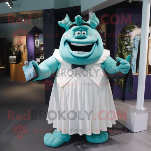 Teal Ogre mascot costume character dressed with a Wedding Dress and Bow ties