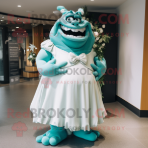 Teal Ogre mascot costume character dressed with a Wedding Dress and Bow ties