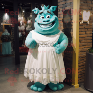 Teal Ogre mascot costume character dressed with a Wedding Dress and Bow ties